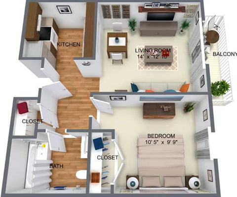 Floor plan for 1 bed, 1 bath, 638 sqft